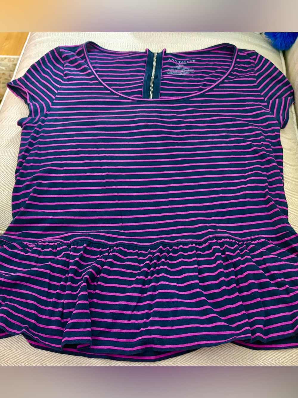 Ann Taylor Striped Peplum Cap Sleeve Top in Purple and Pink, Size MP